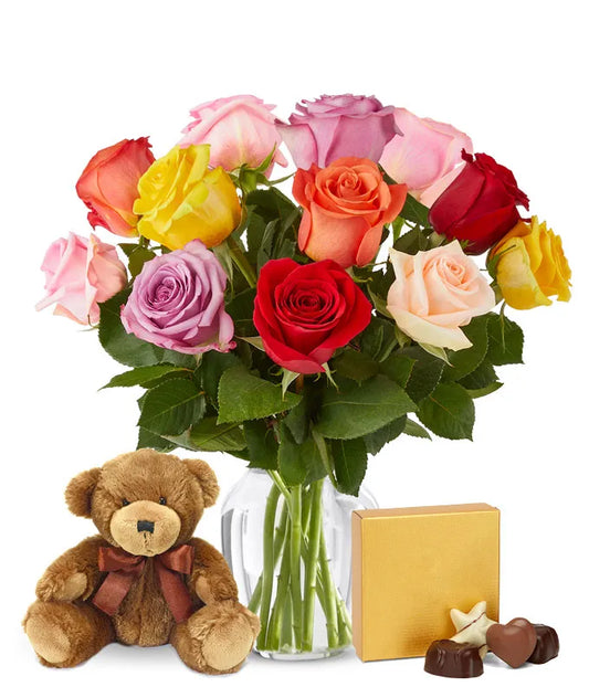 One Dozen Rainbow Roses with Chocolates & Bear
